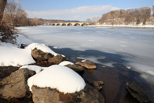 Winter at Schuylkill river "Schuylkill river with frozen surface, January 2011" philadelphia winter stock pictures, royalty-free photos & images