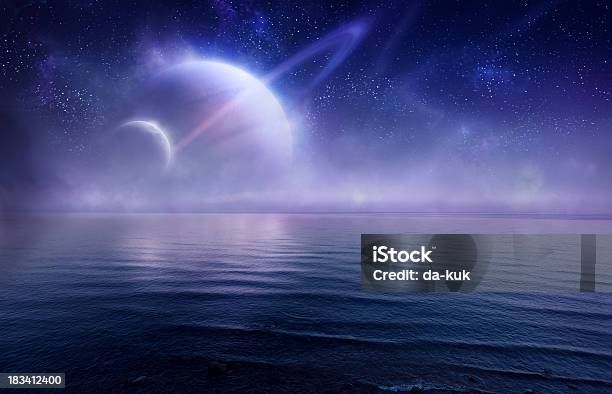 Futurystyczny Wieczorny Krajobraz Morski - zdjęcia stockowe i więcej obrazów Planeta - Planeta, Przestrzeń kosmiczna, Futurystyczny