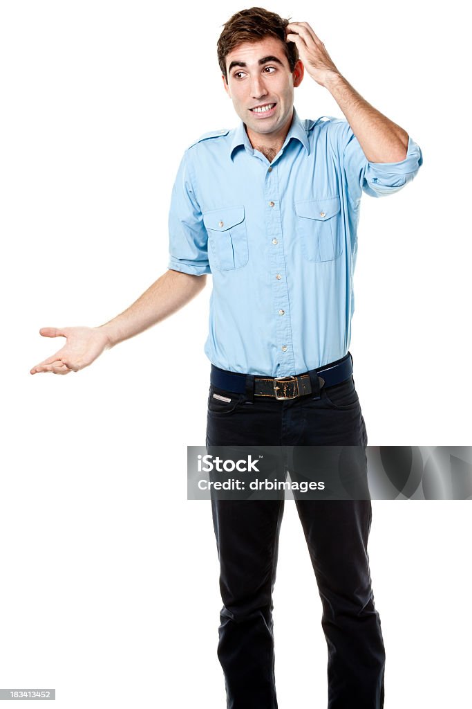 Nervous Uncertain Man Scratches His Head Portrait of a man on a white background.http://s3.amazonaws.com/drbimages/m/bregor.jpg Men Stock Photo