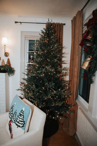 istock Decorated house with glowing Christmas tree 1834142641