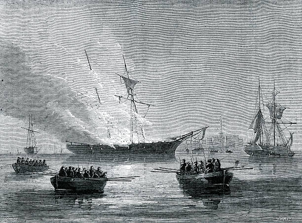 Burning of the Gaspée "Vintage engraving from 1861 showing The Burning of the GaspAe.  The GaspAe Affair was a significant event in the lead-up to the American Revolution. HMS GaspAe, a British revenue schooner that had been enforcing unpopular trade regulations, ran aground in shallow water on June 9, 1772, near what is now known as Gaspee Point in the city of Warwick, Rhode Island, while chasing the packet boat Hannah. In a notorious act of defiance, a group of men led by Abraham Whipple and John Brown attacked, boarded, looted, and torched the ship." sinking ship pictures pictures stock illustrations