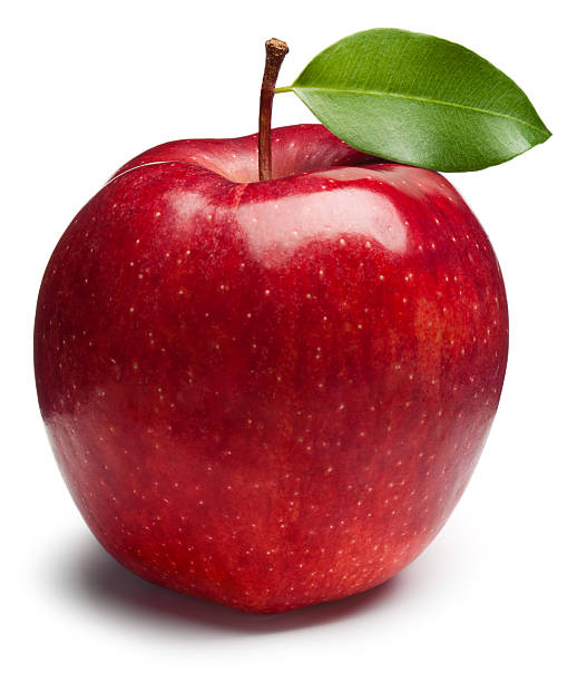 Red Apple "Red Apple with green leaf on white. This file is cleaned, retouched and contains" isolated apple stock pictures, royalty-free photos & images