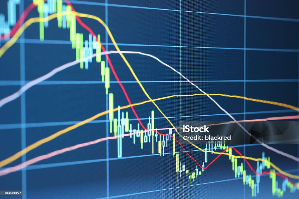 Bear Market Close-up of LCD screen displaying stock market data, showing a downward trend. Deterioration Stock Photo