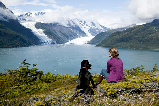 one woman with her dog in prince william sound alaska overlooking columbia glacier