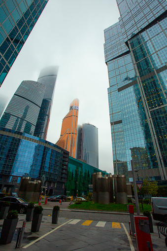 Russia, Moscow, September 28, 2022, High-rise buildings in the fog in Moscow-City