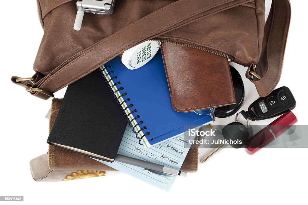 Leder Geldbörse: Verschütten notwendigen Gegenstände - Lizenzfrei Handtasche Stock-Foto