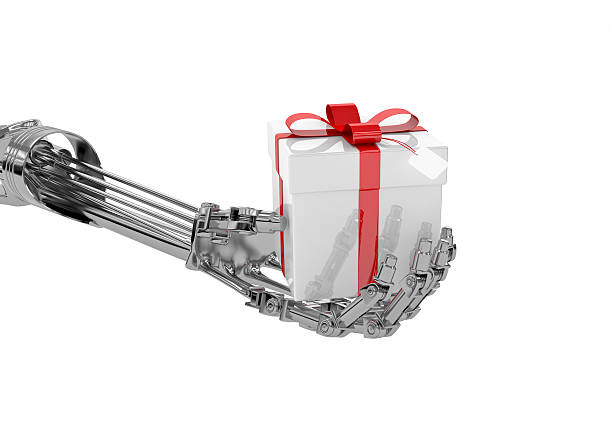 Cyborg's Gift, Robot Hand with Present (XXXL-35MPx) stock photo