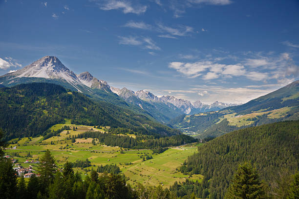 Green mountain landscape with perfect summer sky near Nauders, Austria.