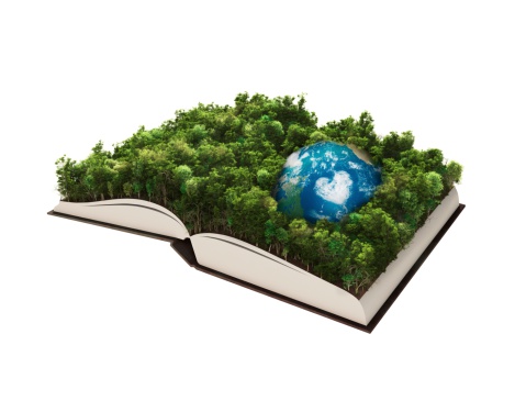 Ecology concept: aerial view of a healthy forest in a book. Computer generated. Subtle grain texture added. Earth's maps courtesy of http://www.shadedrelief.comSimilar images here:
