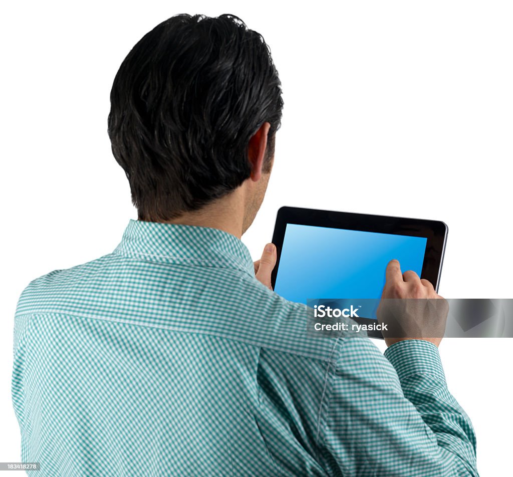 Sobre o ombro vista Homem usando Tablet Touch Pad - Foto de stock de Mesa digital royalty-free