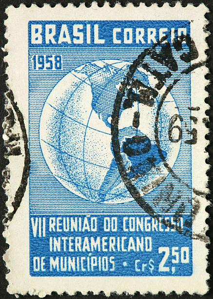 istock old Brazilian stamp with globe and western hemisphere 183418433
