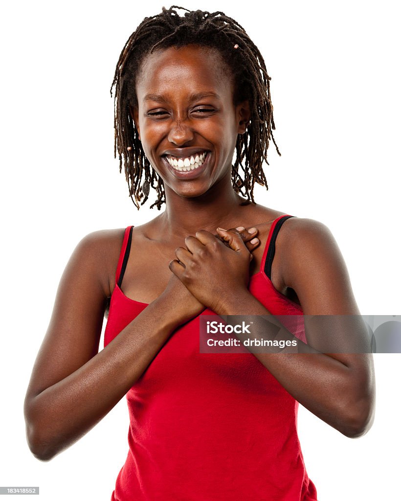 Happy Young Woman With Hands On Chest Portrait of a young woman on a white background. http://s3.amazonaws.com/drbimages/m/mwekat.jpg Hand On Heart Stock Photo