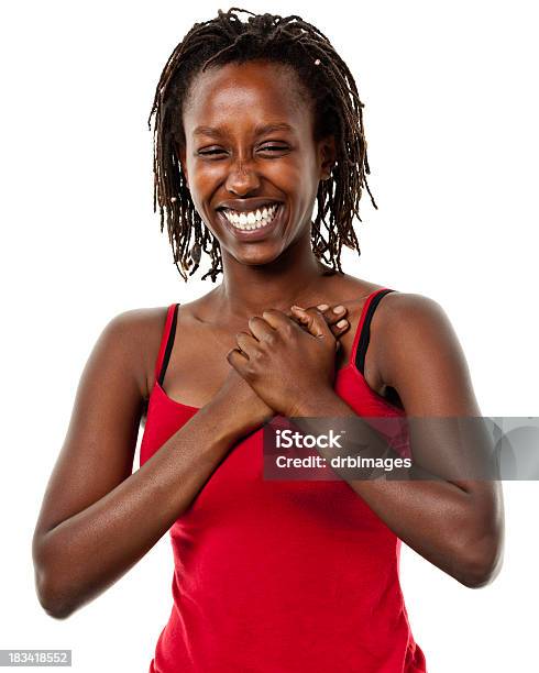 Happy Young Woman With Hands On Chest Stock Photo - Download Image Now - Hand On Heart, White Background, Women