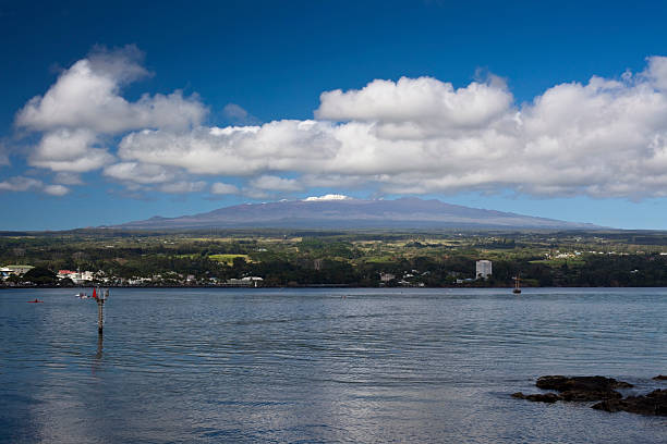 Hilo Bayfront with Snowcapped Mauna Kea in Hawaii