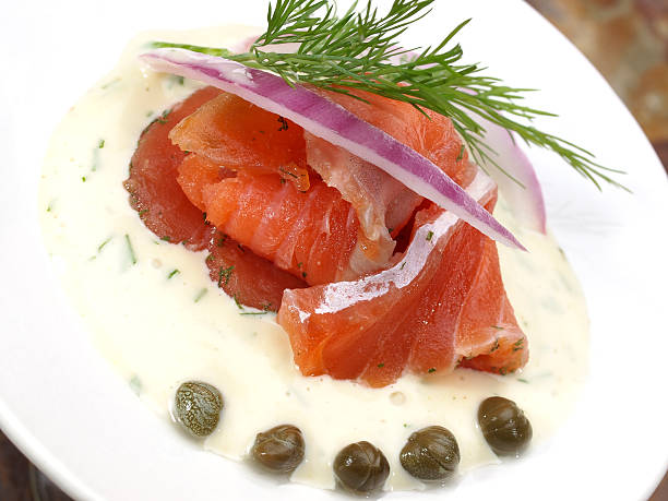 Gravlax (gravad lax, gravet laks, gravlaks) "Cured Salmon appetizer with mustard sauce, dill, red onion and capers." gravad stock pictures, royalty-free photos & images