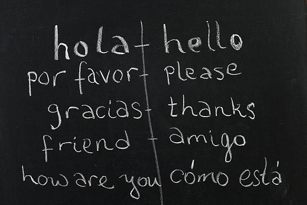Spanish / English class Blackboard with translations of spanish and english words spanish culture stock pictures, royalty-free photos & images