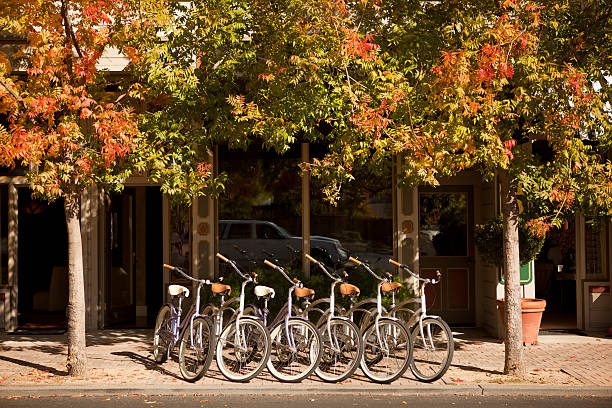 자전거 꺾은선형 거리 작은 마을 - bicycle napa valley town autumn 뉴스 사진 이미지