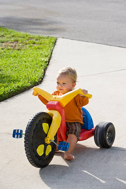 istock Little boy riding tricycle on driveway 183418965