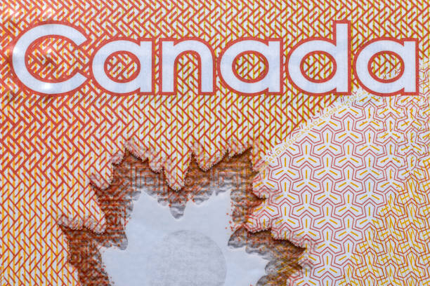primer plano de la palabra macro canadá en el billete de papel moneda del dólar canadiense - canadian culture canadian currency canadian dollars currency fotografías e imágenes de stock