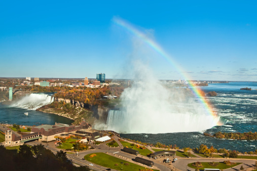 A rainbow crests over the Niagara Falls