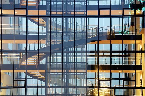 Glass facade and spiral staircase, arcitecture