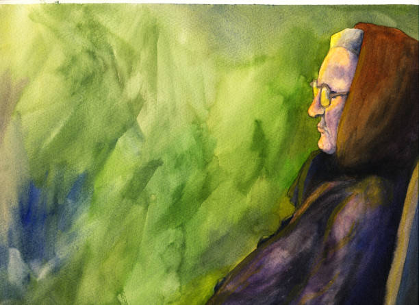 Old Woman Profile of old woman sitting in chair. Done in watercolor. Lots of copy space. sad old woman stock illustrations