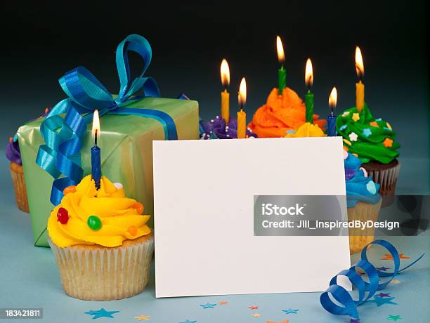 Celebration Cupcakes With Blank Card Stock Photo - Download Image Now - Birthday Cake, Blank, Baked Pastry Item