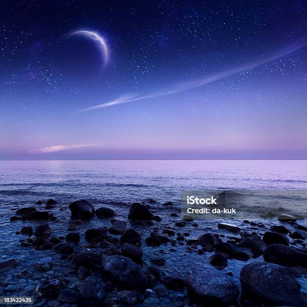 Night Shot Of Sea Stock Photo - Download Image Now - Fantasy, Moon, Beach
