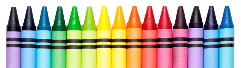 This is a photograph of generic colorful crayons in a row against a pure white background.Click on the links below to view lightboxes.