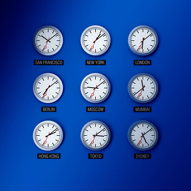 istock Nine wall clocks on different time zones 183422674