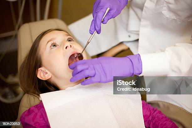 Young Girl Primeros Dientes Examinará En Dentistas Oficina Dentista Foto de stock y más banco de imágenes de Carie dental