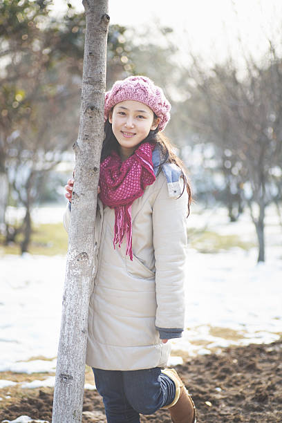 Beautiful asian girl in the snow field.