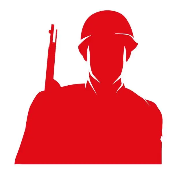 Vector illustration of Soviet soldier. Square vector illustration with soldier silhouette isolated on white background.