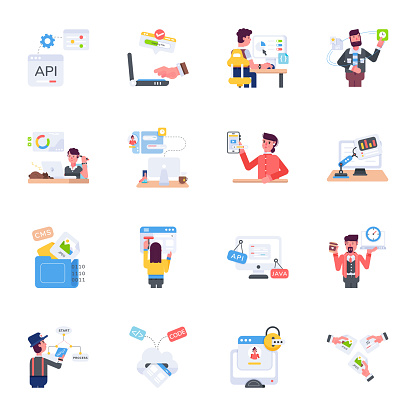 Display the realm of coding with our animated software development icons. From initial coding stages and maintenance processes to bug fixing and bot programming, explore diverse designs that represent all aspects of development.