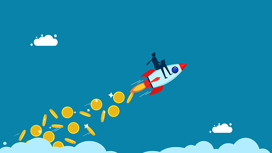 business generates income. Businessman riding a rocket scattering money in the sky. vector illustration