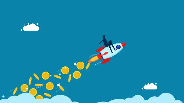 Vector illustration of business generates income. Businessman riding a rocket scattering money in the sky. vector