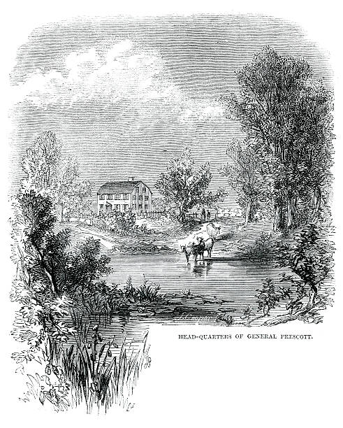 Headquarters of General Prescott Vintage engraving from 1861 showing the Headquarters of General Prescott in Pepperell, Middlesex County, Massachusetts. William Prescott (February 20, 1726 – October 13, 1795) was an American colonel in the Revolutionary War who commanded the rebel forces in the Battle of Bunker Hill. colonial style photos stock illustrations