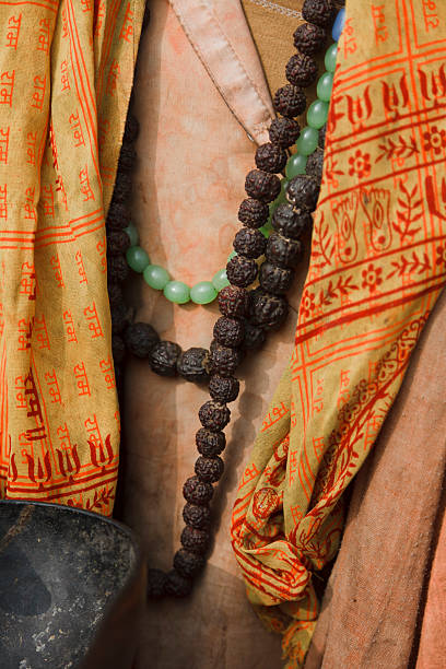 Indian Sadhu Rudraksha mala and Shiva prayer shawl stock photo