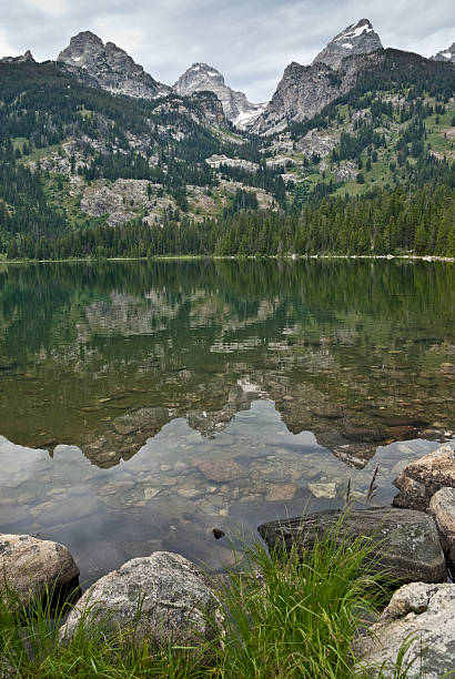 The Tetons Reflected in an Alpine Lake Often overshadowed by Yellowstone National Park, its larger neighbor to the north, Jackson Hole and the Snake River Valley is a land of vast scenic beauty. What it lacks in geysers and hot springs, it more than makes up for in the rugged Teton Mountain Range. The Teton's many canyons lead to alpine meadows, cirques and towering peaks. It was this rugged range that became Wyoming's second national park in 1929. In 1950 the park boundaries were expanded to include much of the Snake River Valley. This scene of the Teton Range reflected in Bradley Lake was photographed from the Bradley and Taggart Lakes Trail in Grand Teton National Park, Wyoming, USA. jeff goulden grand teton national park stock pictures, royalty-free photos & images