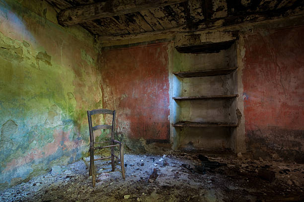 istock Broken chair in a dark and abandoned room 183424156