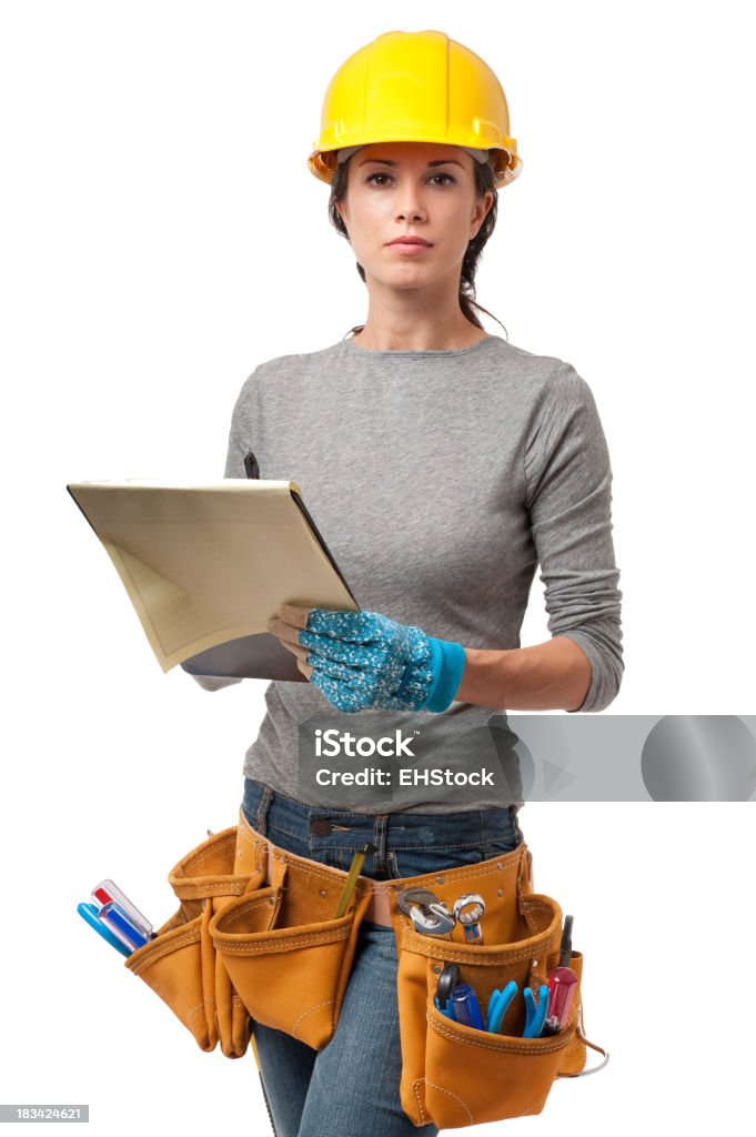 Mulher empreiteira carpinteiro construção isolado no fundo branco - Foto de stock de Adulto royalty-free
