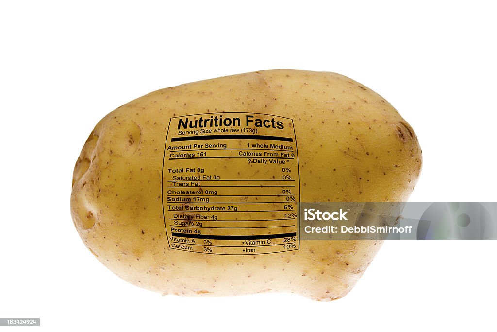 Patata dorada Yukon con etiqueta de nutrición - Foto de stock de Etiqueta libre de derechos