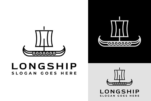 Vintage Modern Viking Longship Sail Boat Warrior icon Design Branding Template