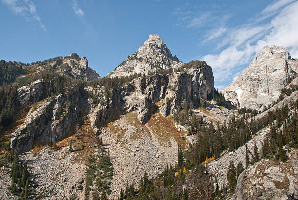 Cloudveil Dome and Middle Teton Peak Garnet Canyon was formed by retreating glaciers which reached their last maximum around 15,000 years ago. This view of Cloudveil Dome was photographed from the Garnet Canyon Trail in Grand Teton National Park, Wyoming, USA. jeff goulden grand teton national park stock pictures, royalty-free photos & images