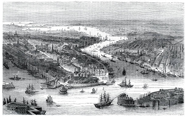 City of New York in 1860 Vintage engraving from 1861 showing a general view of the city of New York in 1860 18th century style stock illustrations