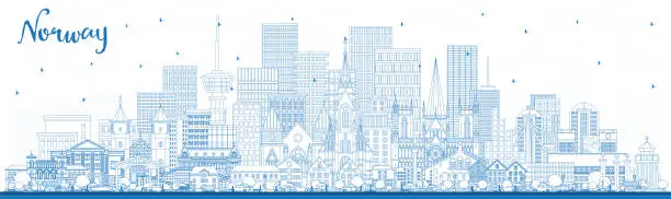 Vector illustration of Outline Norway city skyline with blue buildings. Concept with historic and modern architecture. Norway cityscape with landmarks. Oslo. Stavanger. Trondheim. Bergen.