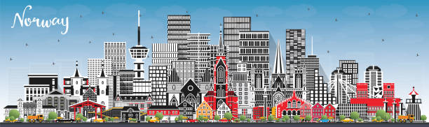 ilustrações de stock, clip art, desenhos animados e ícones de norway city skyline with gray buildings and blue sky. concept with historic and modern architecture. norway cityscape with landmarks. oslo. stavanger. trondheim. bergen. - scandinavian church front view norway