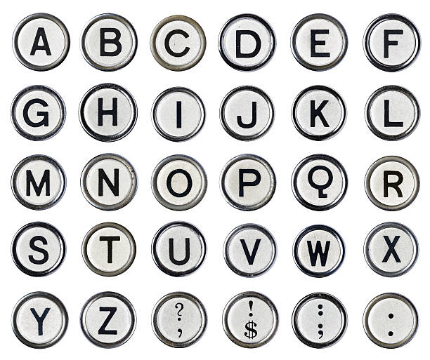 Vintage Typewriter Alphabet White Vintage Typerwriter Keys. On pure White Background. Clean of dust and dirt. Scratched corroded and worn to give real character. typewriter keyboard stock pictures, royalty-free photos & images