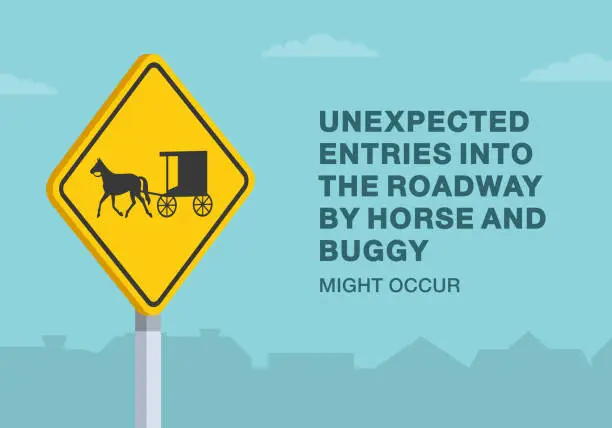 Vector illustration of Safe driving tips and traffic regulation rules. Close-up of United States amish buggies sign. Unexpected entries into the roadway by horse and buggy. Vector illustration template.