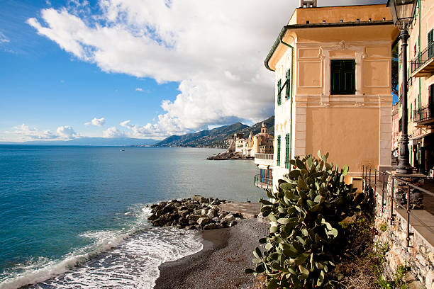 House of Camogli in front of the sea with the ancient church in backgroundClick for more pics: